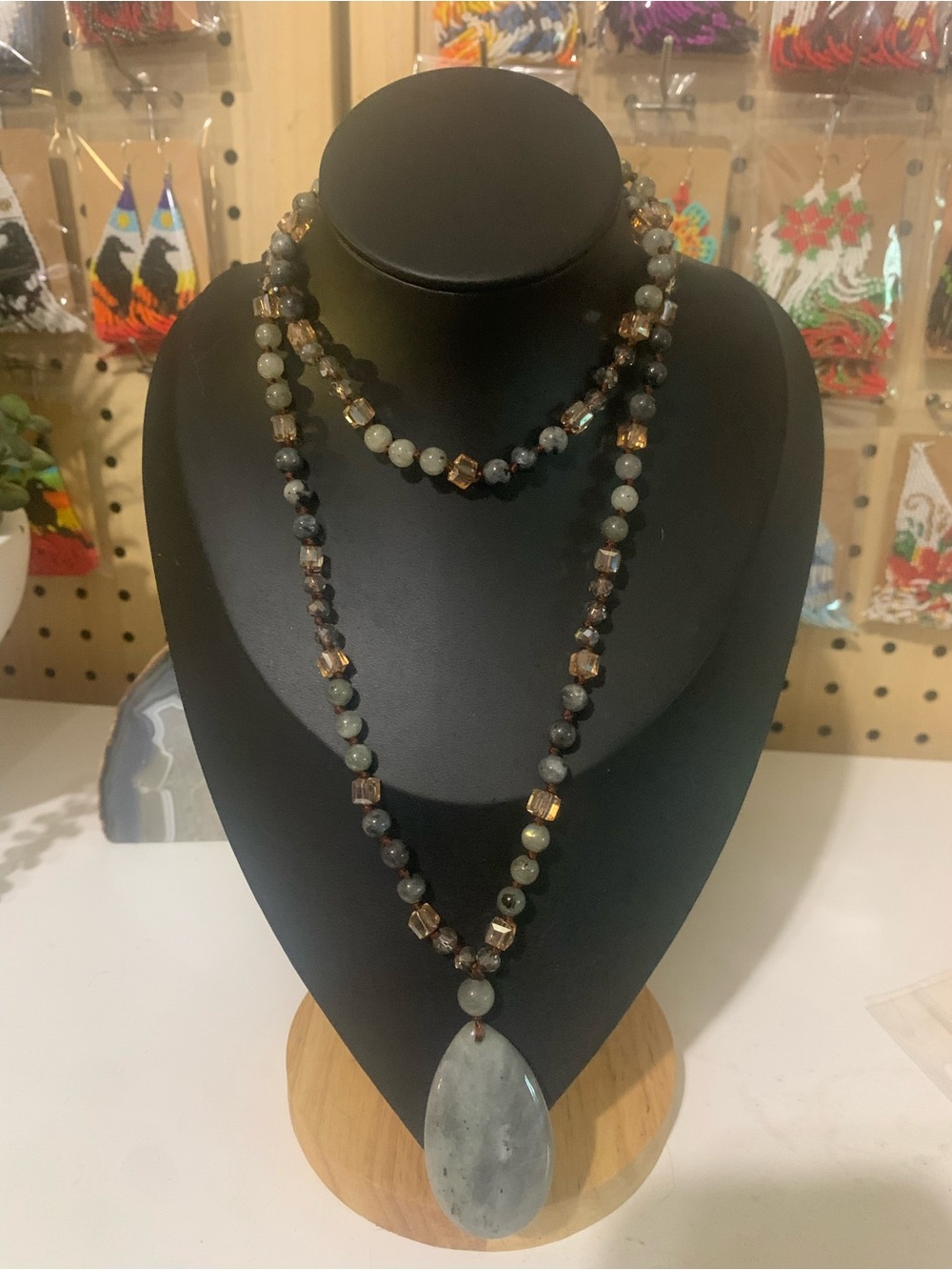 Beaded Labradorite Pendant Necklace in Gray and Gold